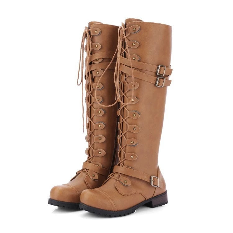 Wasserdichte Stiefel Damen | Kniehohe Lederschuhe mit Rundkopf und Gurt