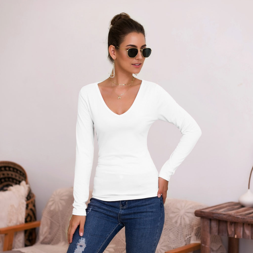 Damen Langarmshirt V-Ausschnitt Elegant Slimfit