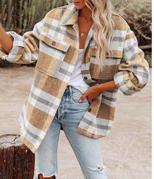Übergroße Karo Shirtjacke Lang mit Brusttasche
