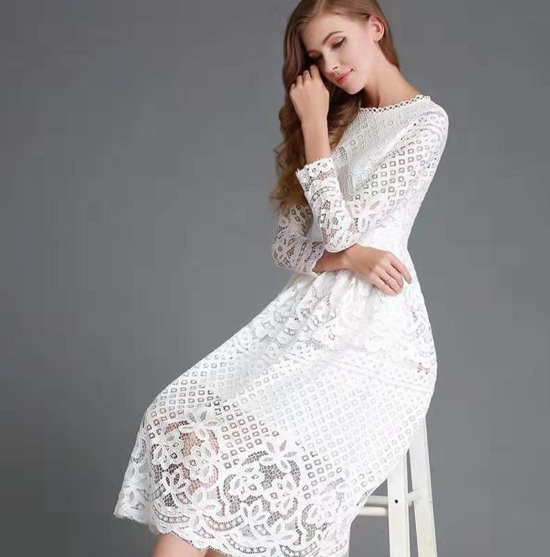Elegantes Damenkleid Spitze Floral Langärmlig