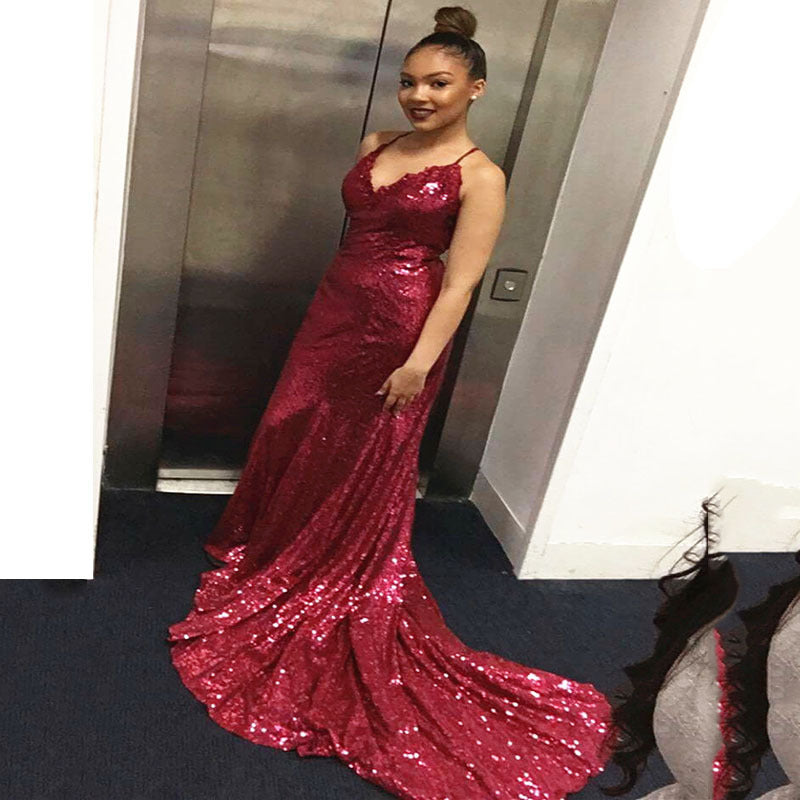 Damen Abendkleid Glitzer Pailletten Elegant Lang