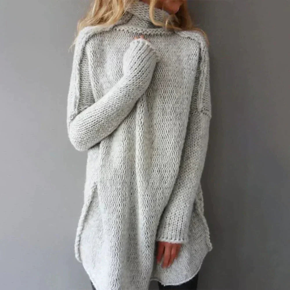 Übergrößer Sweater Chunky Knit Wollmix Hoher Kragen - IdealeKleiden