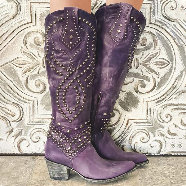 Stilvolle Stiefel Damen Hoch Metall Nieten Blockabsatz