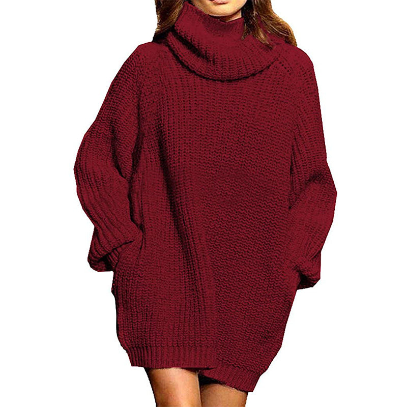 Damen Grobstrick Pulloverkleid Hochkragen Lässig Chic