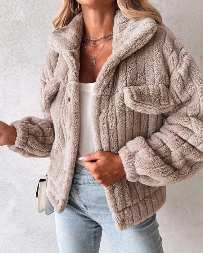 Damen Sherpa Jacke Knopfverschluss Modern Sportlich
