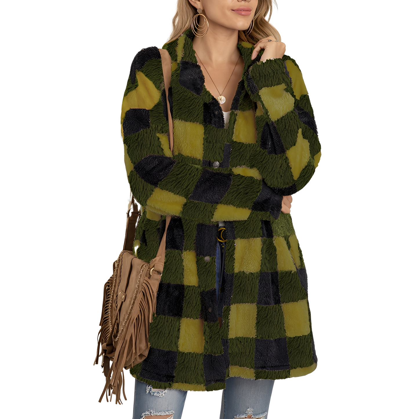 Elegante Damen Karo Jacke Lang