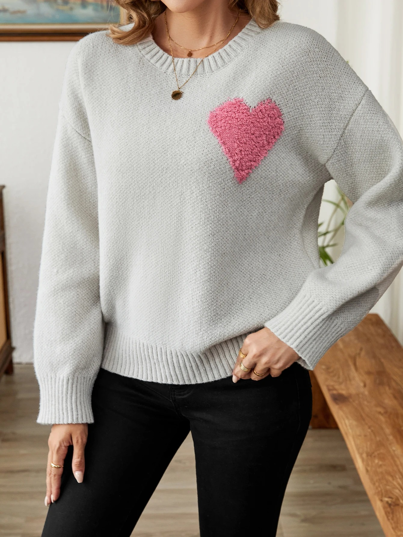 Gemütlicher Strickpullover Herz Design Damensweater - IdealeKleiden