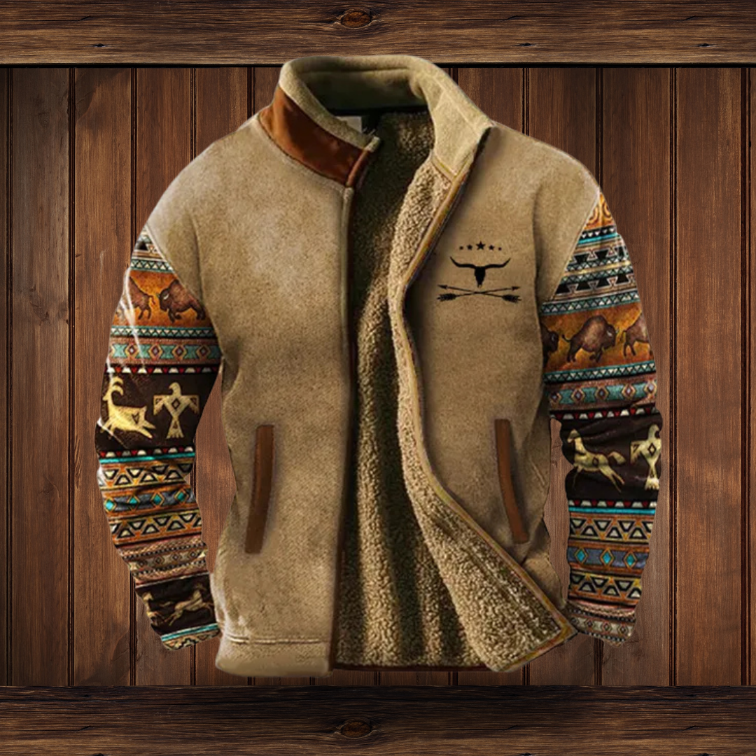 Herren Jacke Braun Tribal Print Stehkragen - IdealeKleiden