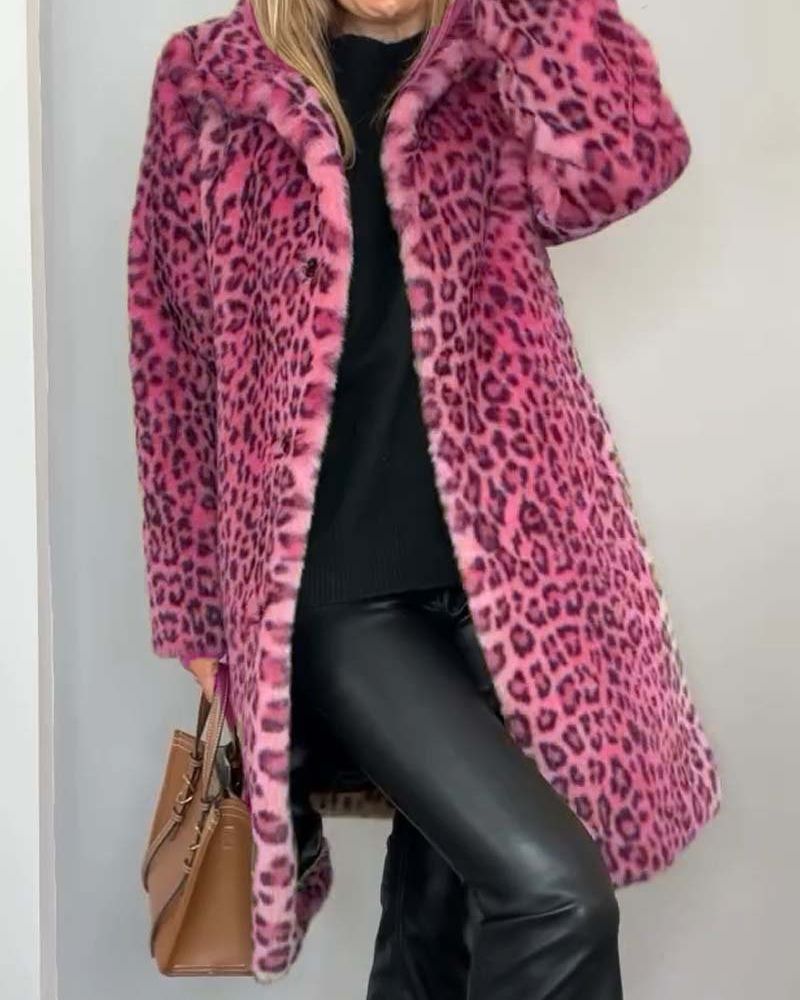 Leopardenjacke Damen Lang Weich Schwarz