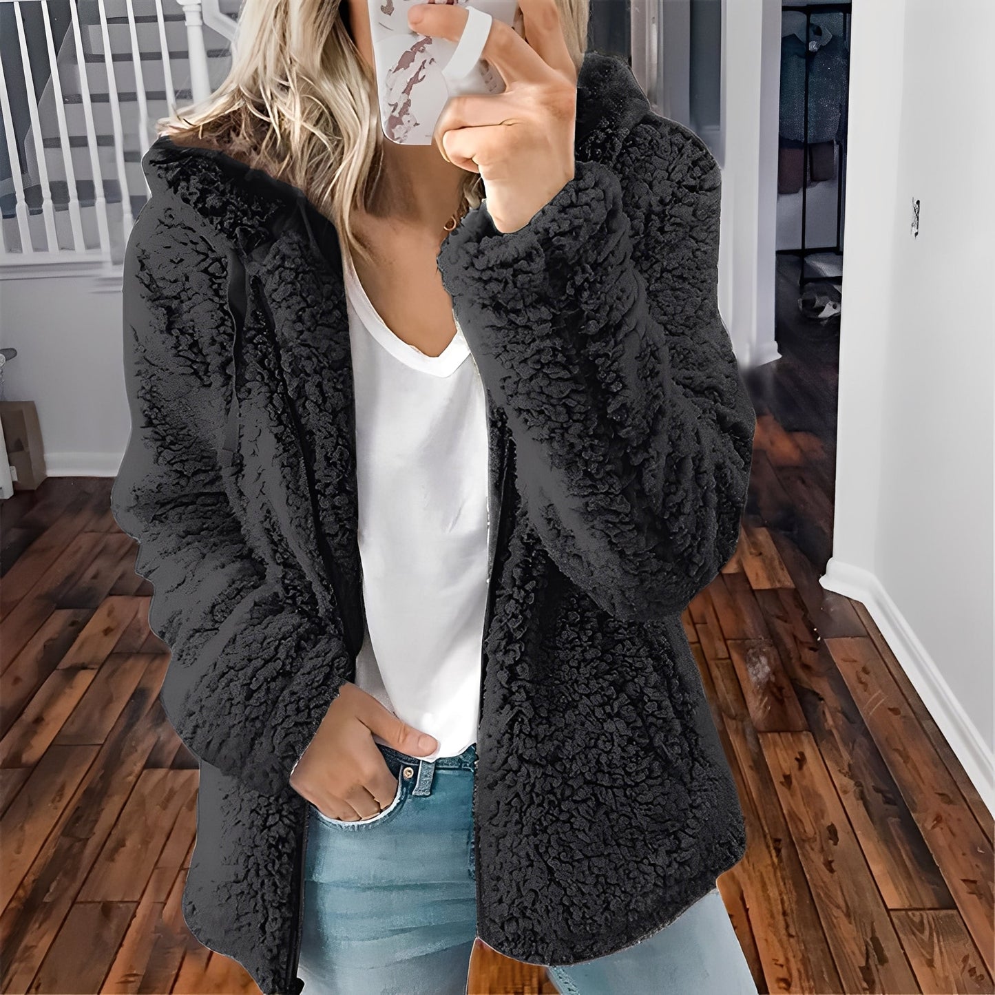 Damen Wolljacke Kapuze Warm