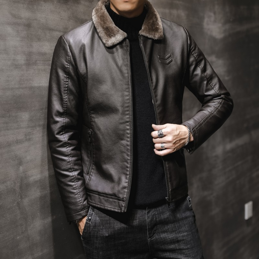 Männer Lederjacke Fleece Kragen Stil
