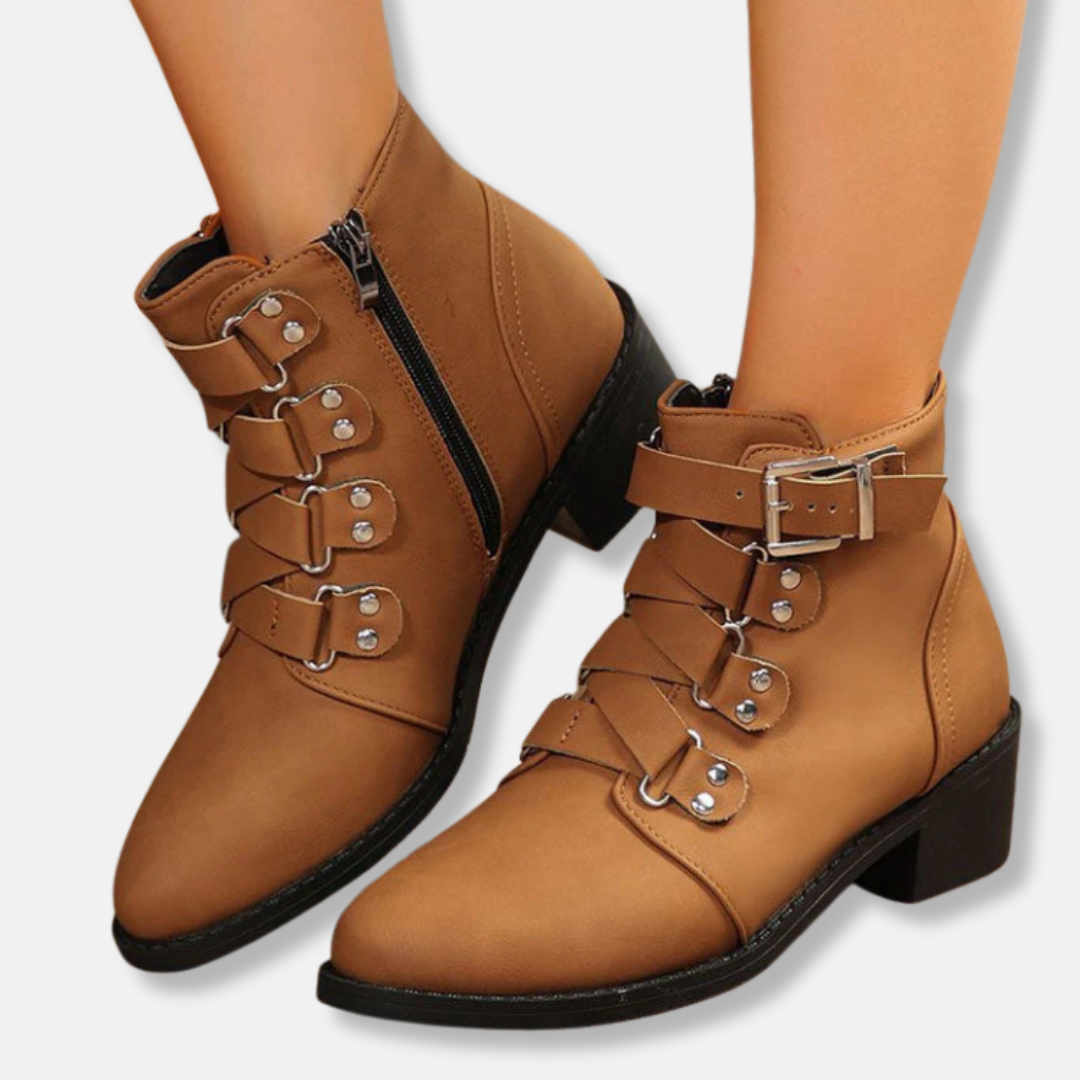 Stylische Knöchelstiefel Kunstleder Schnallenriemen Blockabsatz