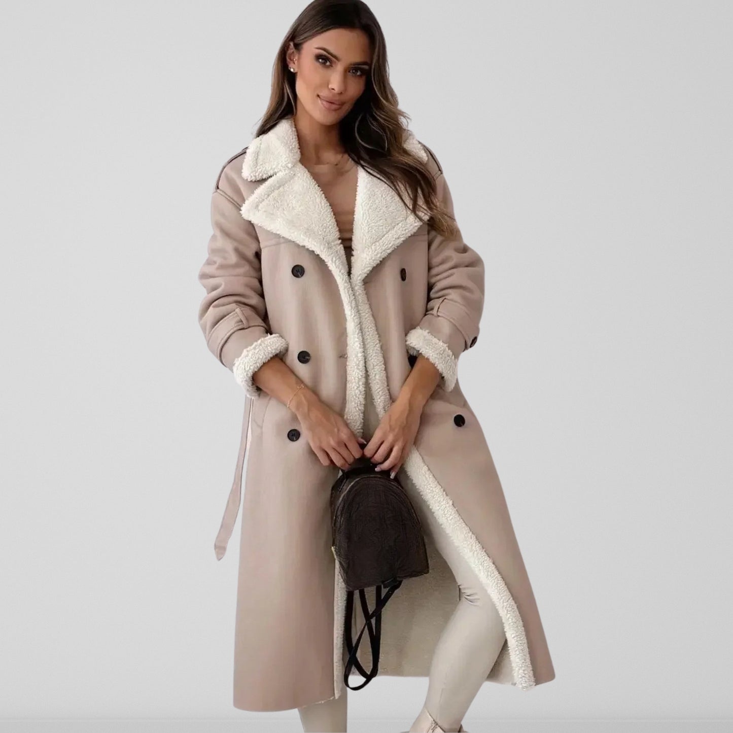 Langer Oversized Mantel Schaffell gefüttert Gürtel