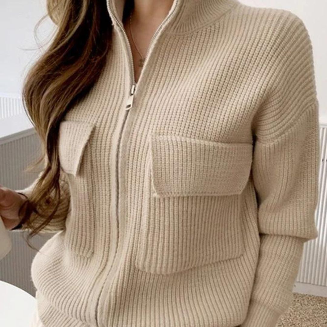 Klassische Strickjacke Mit Reißverschluss und Seiten Taschen - IdealeKleiden