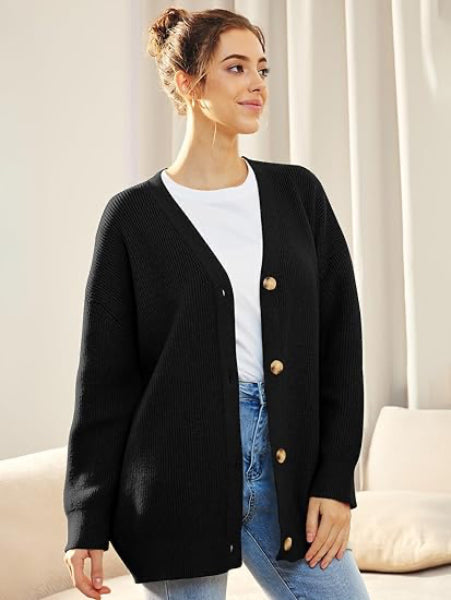 Damen Cardigan Oversized V-Ausschnitt Knopf Herbstmode