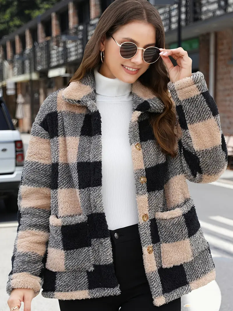 Teddy Mantel Damen Karierter Fleece Mantel