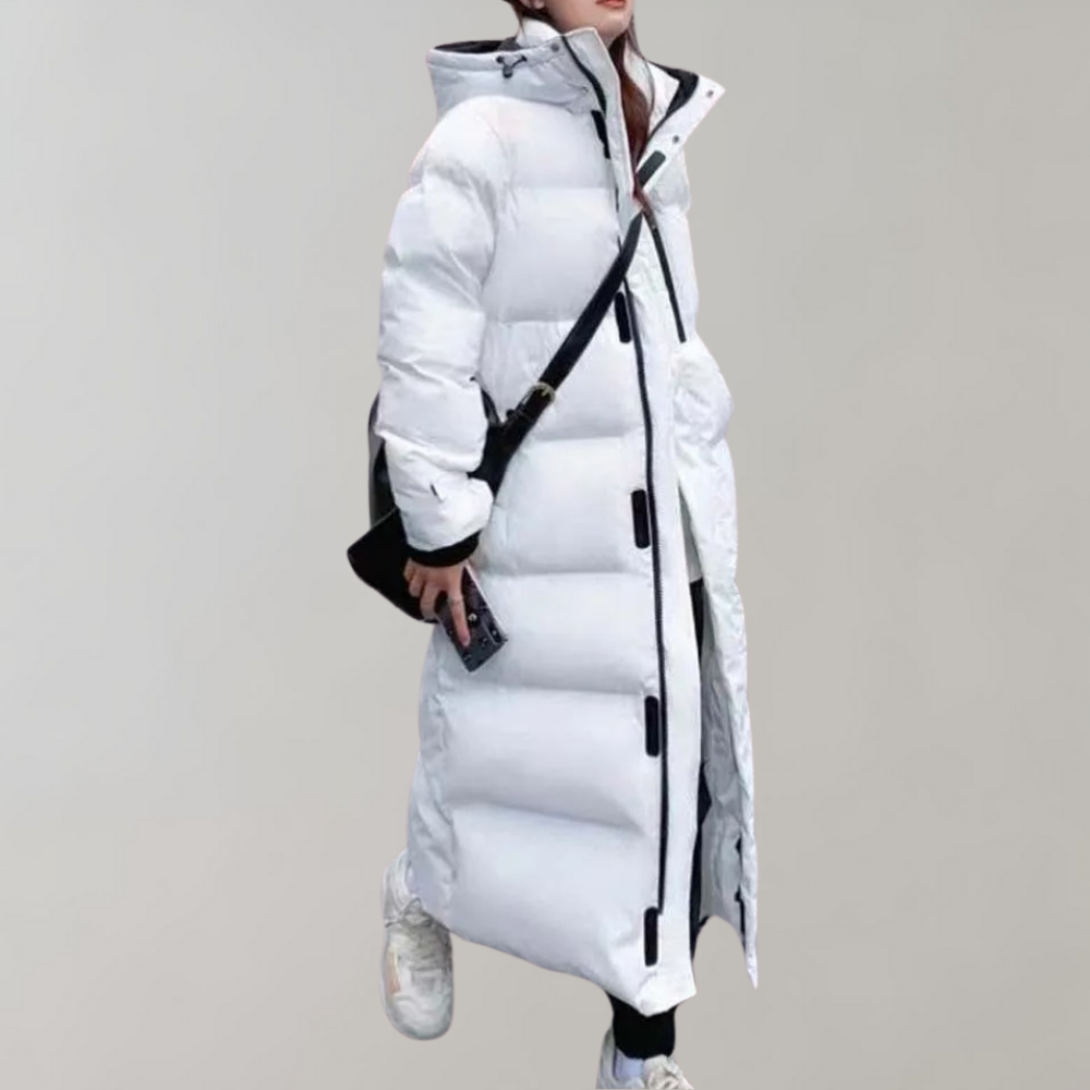 Lange Winterjacke mit Kapuze und Reißverschluss