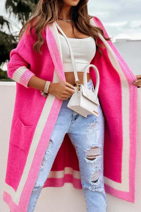 Langer Cardigan Offene Front Weiches Strick Rippbündchen mit Taschen → Damen Cardigan Lang Weich Mit Taschen
