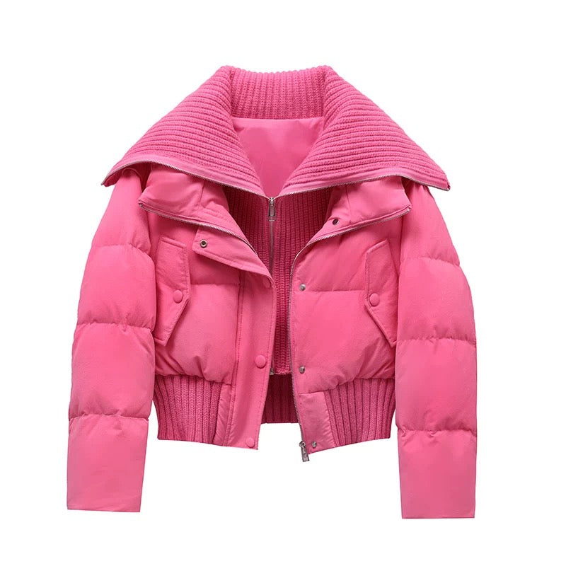 Damen Kurze Pufferjacke Warm Gepolstert Rippkragen
