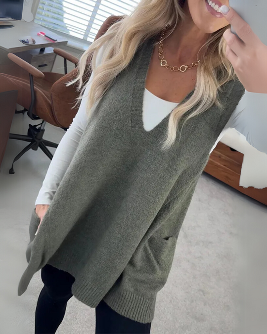 Damen Cardigan Pullover V-Ausschnitt Mit Taschen