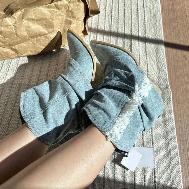 Blau Denim Stiefel Höhe Oberschenkel Trendy