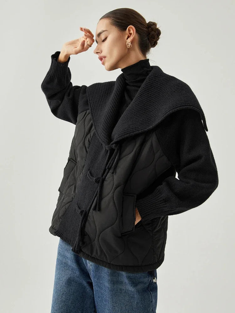 Damen Winterjacke Gefüttert Rippdetails Breiter Kragen