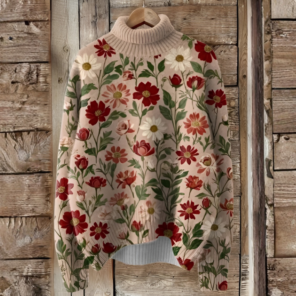 Weihnachtspullover Damen Blumenmuster Winterwarm - IdealeKleiden