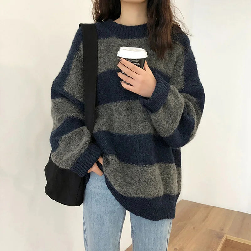 Damen Strickpullover Übergröße Gestreift Herbstmode