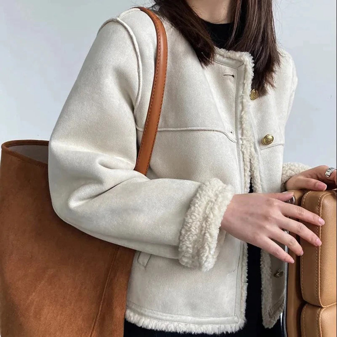 Shearling-Jacke Weich Füttert Kragenlos Elegantes Design