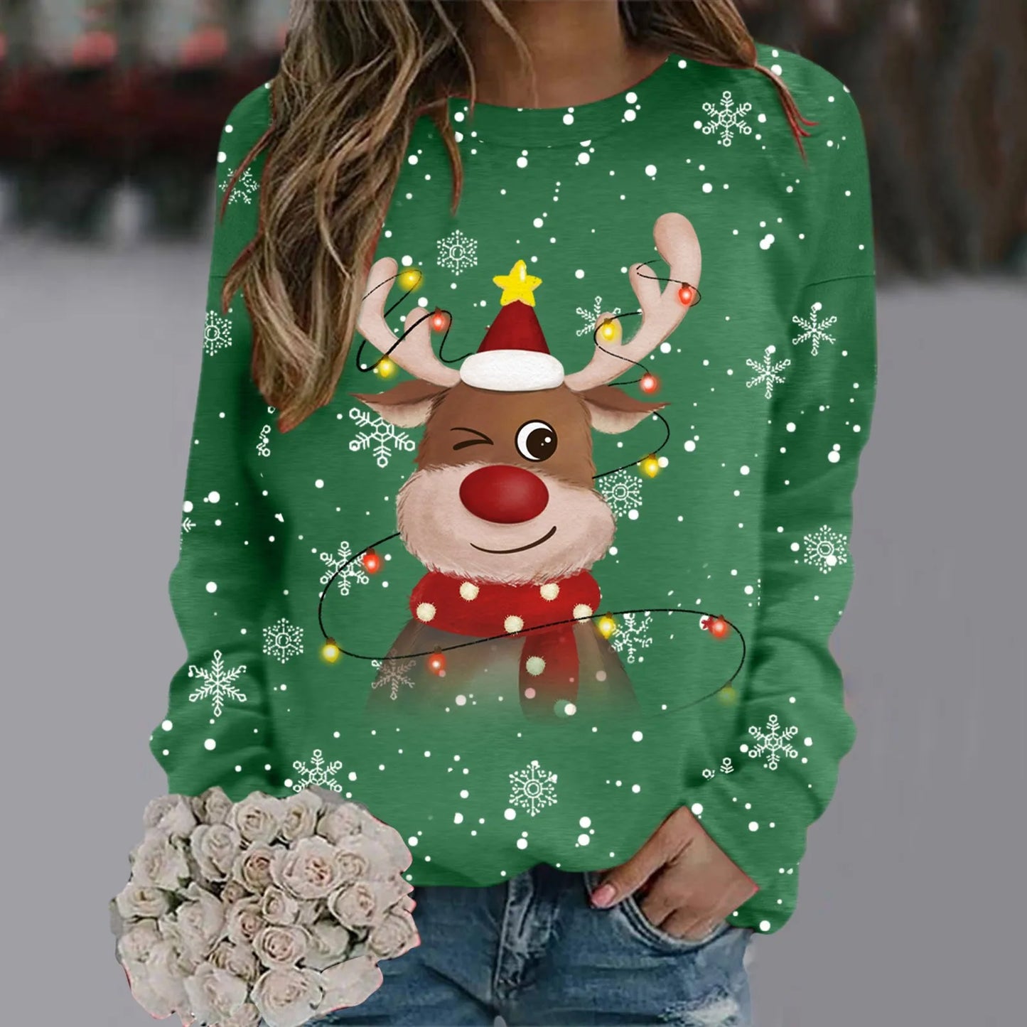 Weihnachtspullover Damen Weich 3D Rentier Design