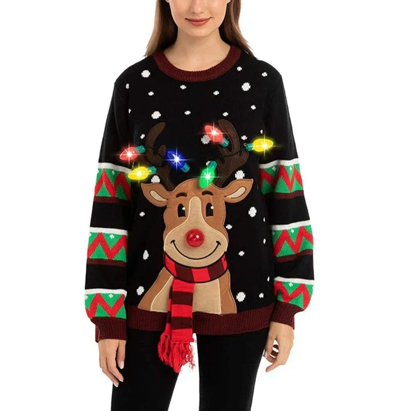 Weihnachts-Pullover Damen LED-Lichter Rentier-Design
