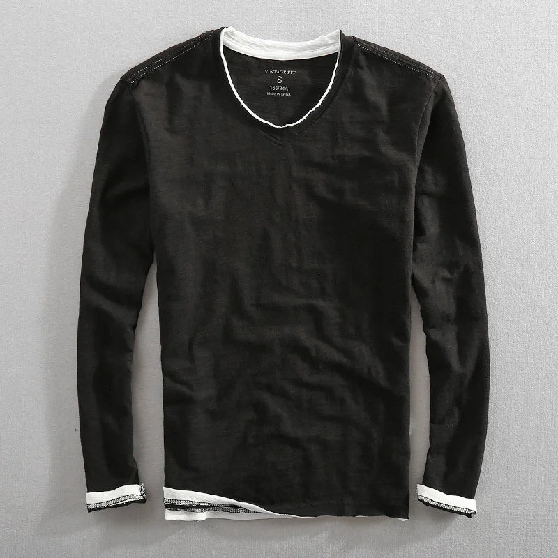 Herren Leinen T-Shirt Langarm V-Ausschnitt