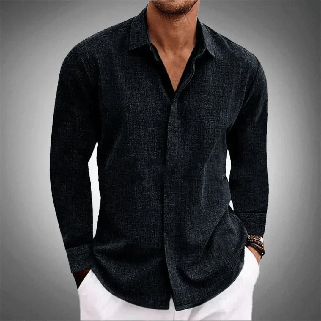 Herren Leinenhemd Langarm Kragen Knöpfe Elegant