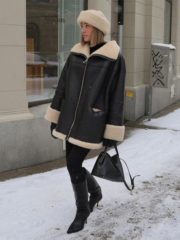Schaffelljacke Oversized Reißverschluss Wendbar - IdealeKleiden