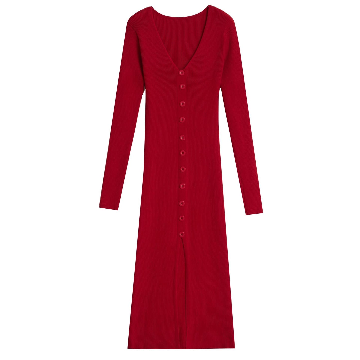 Damen Maxikleid Langarm Rippmuster Elegant Knopfdesign