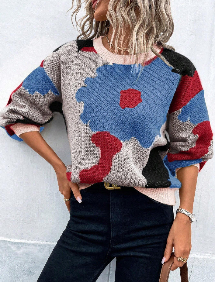Gemusterte Strickpulli Lockere Passform Rundhals