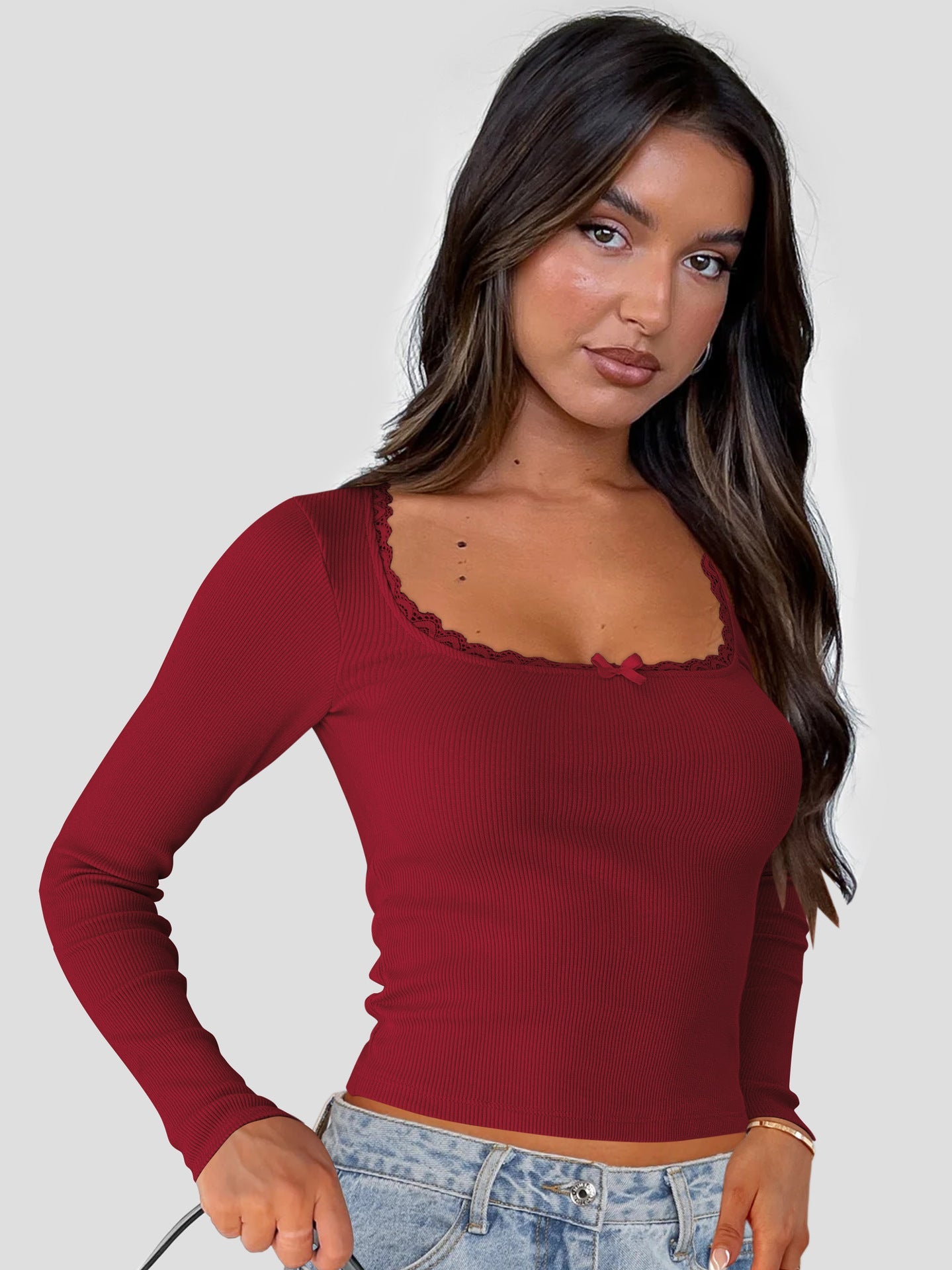 Damen Oberteil Langarm Spitze Elegant