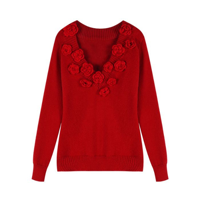 Elegante Strickbluse Blumenmuster V-Ausschnitt Damen - IdealeKleiden
