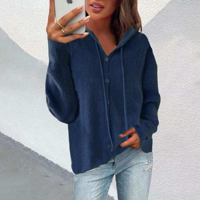 Damen Strickjacke Kapuze Knopfleiste Elegante Oberbekleidung
