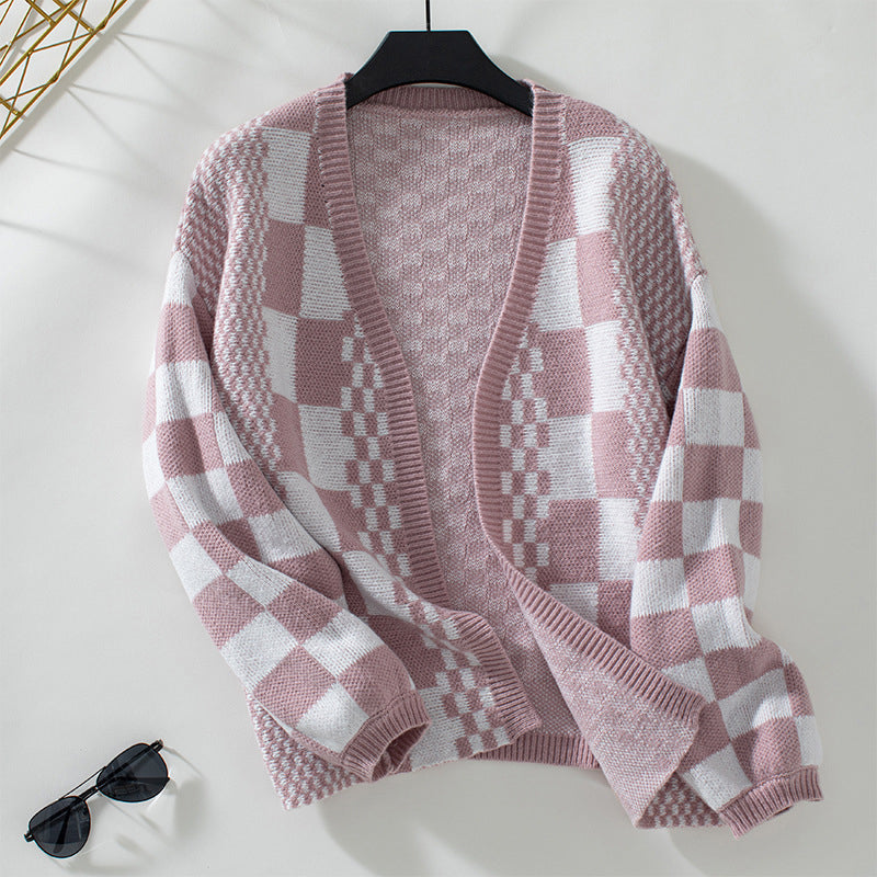 Damen Cardigan Herbstlich Gestrickt Karomuster