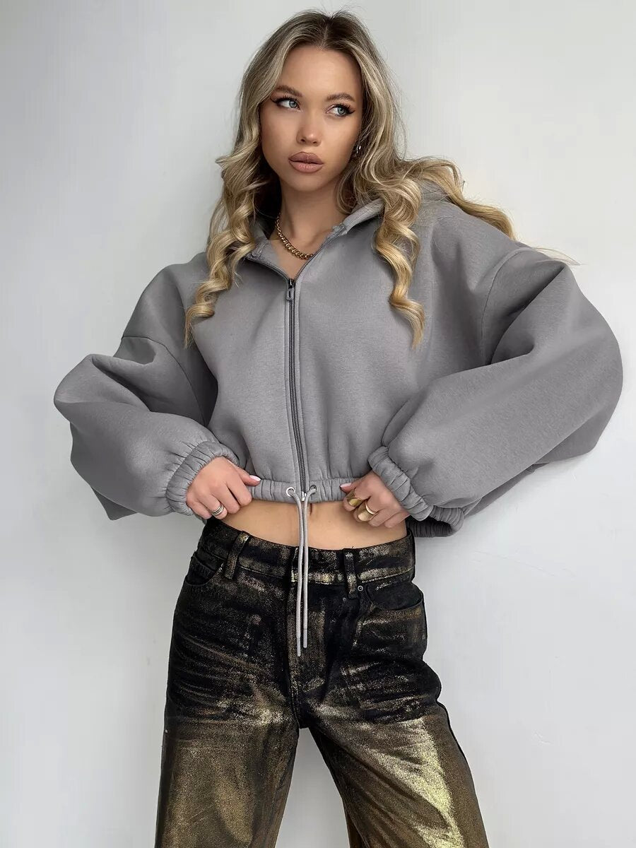 Damen Sportliche Cropped Hoodie Mit Reißverschluss