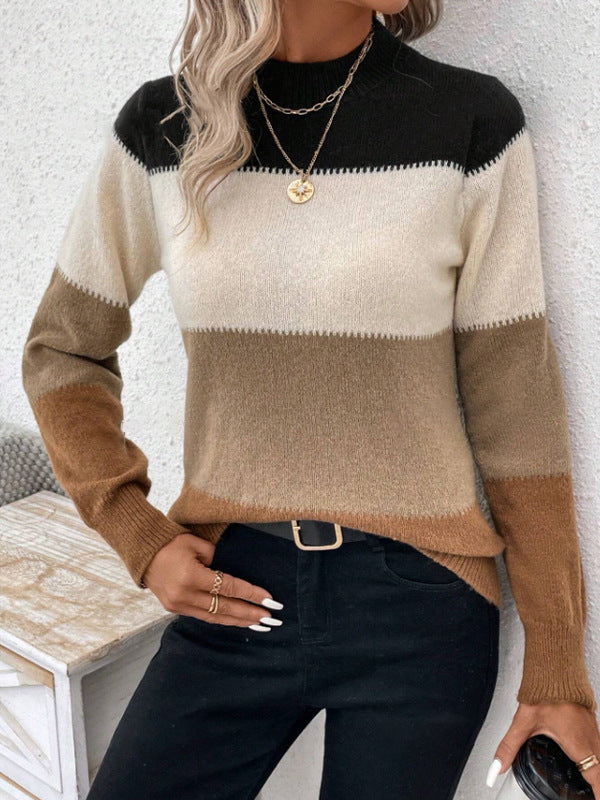Damen Strickpullover Trendig Blockstreifen Hoher Kragen