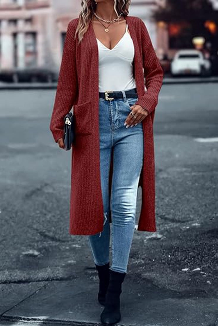 Damen Strickmantel Langärmlig mit Taschen Damenmantel