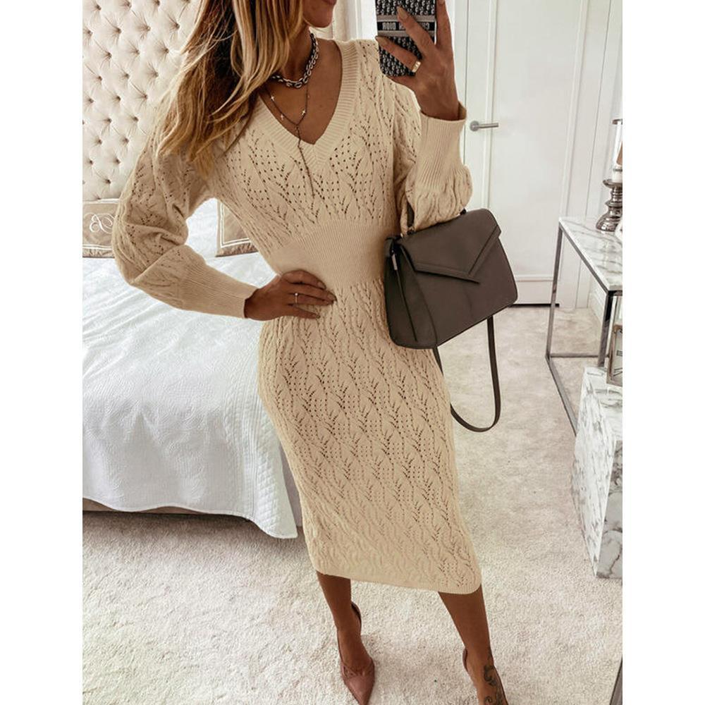 Damen Strickkleid Elegant V-Ausschnitt Durchsichtig Effekt