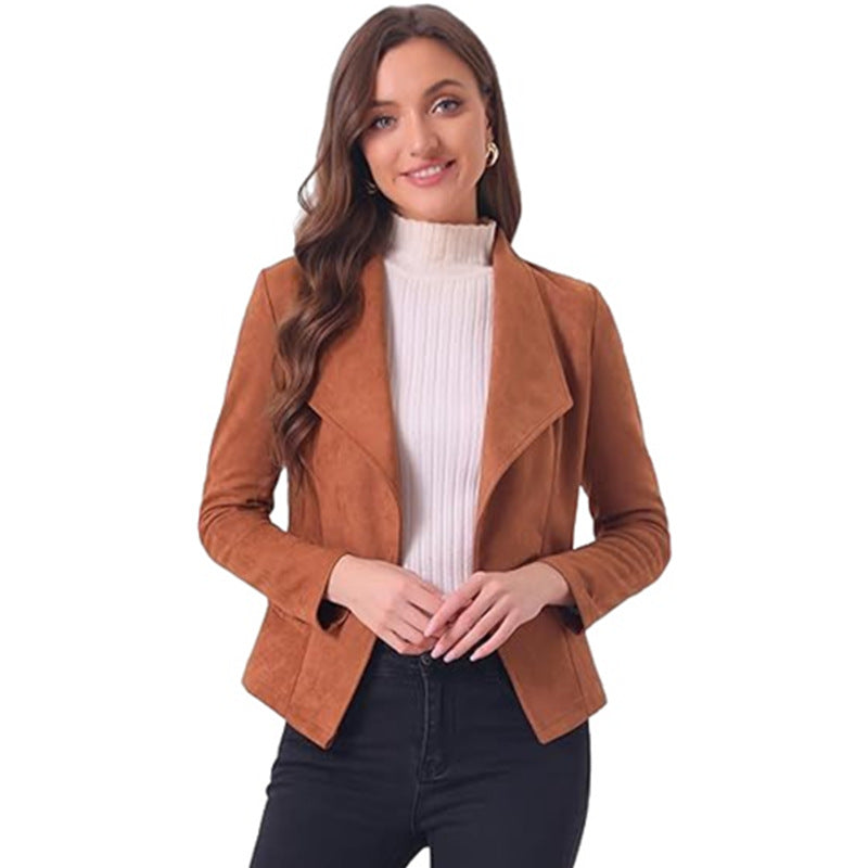 Damen Lederjacke Trendy Offener Schnitt Mit Taschen