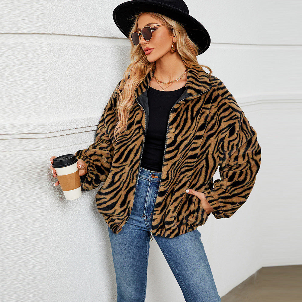 Damen Plüschjacke Zebra Muster Stehkragen Trendig