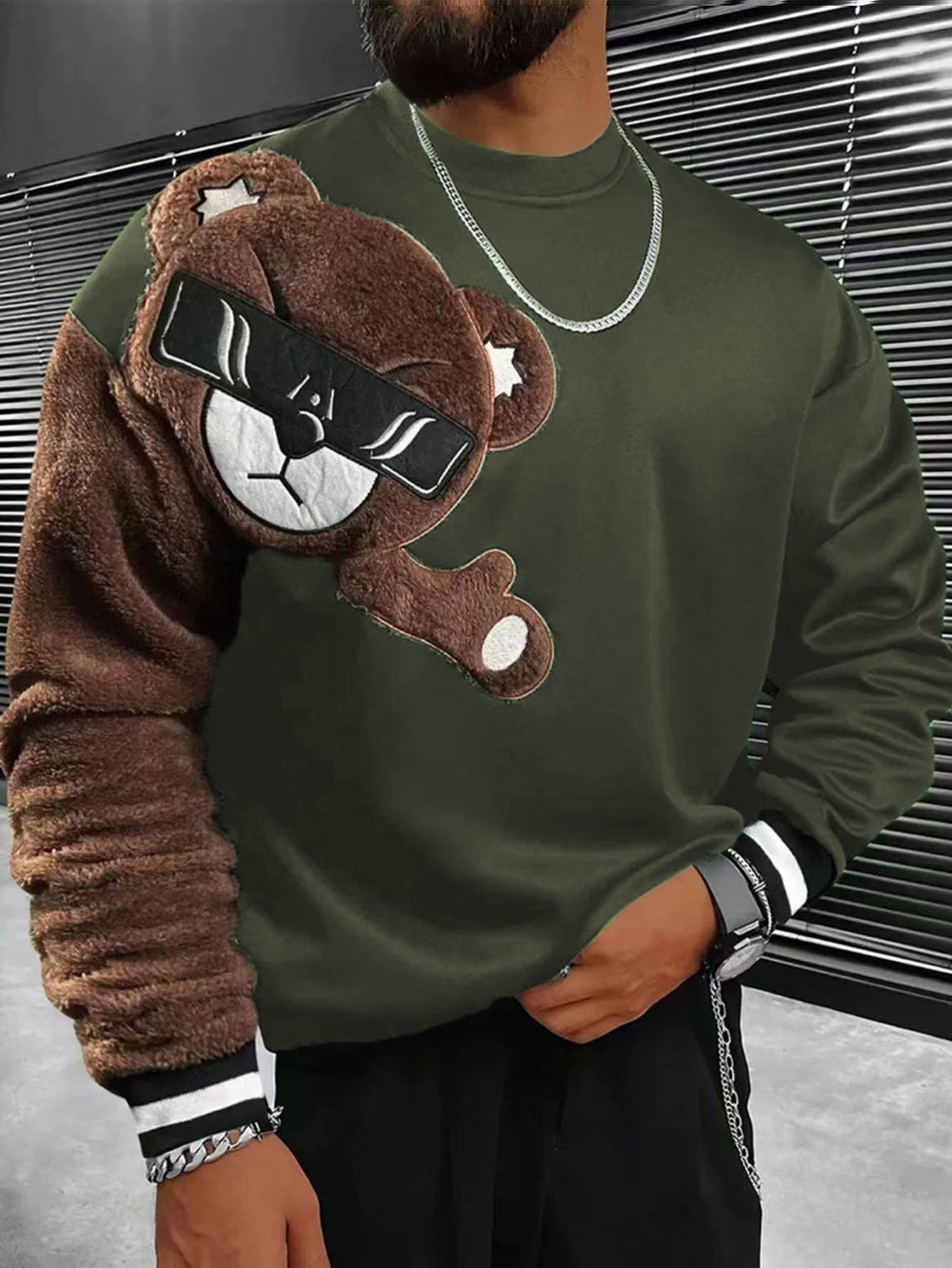 Herren Sweater Bär Applikation Weich Plüsch