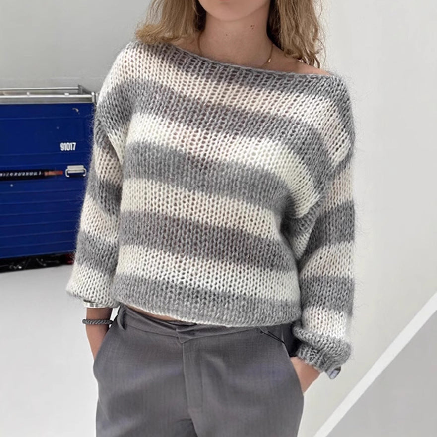 Damen Pullover Großes Streifenmuster Weite Ärmel