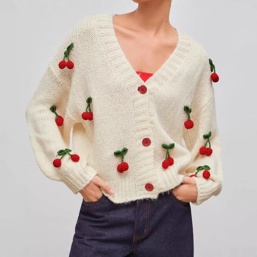Frauen Strickcardigan Süß mit Kirsch Motiv - IdealeKleiden