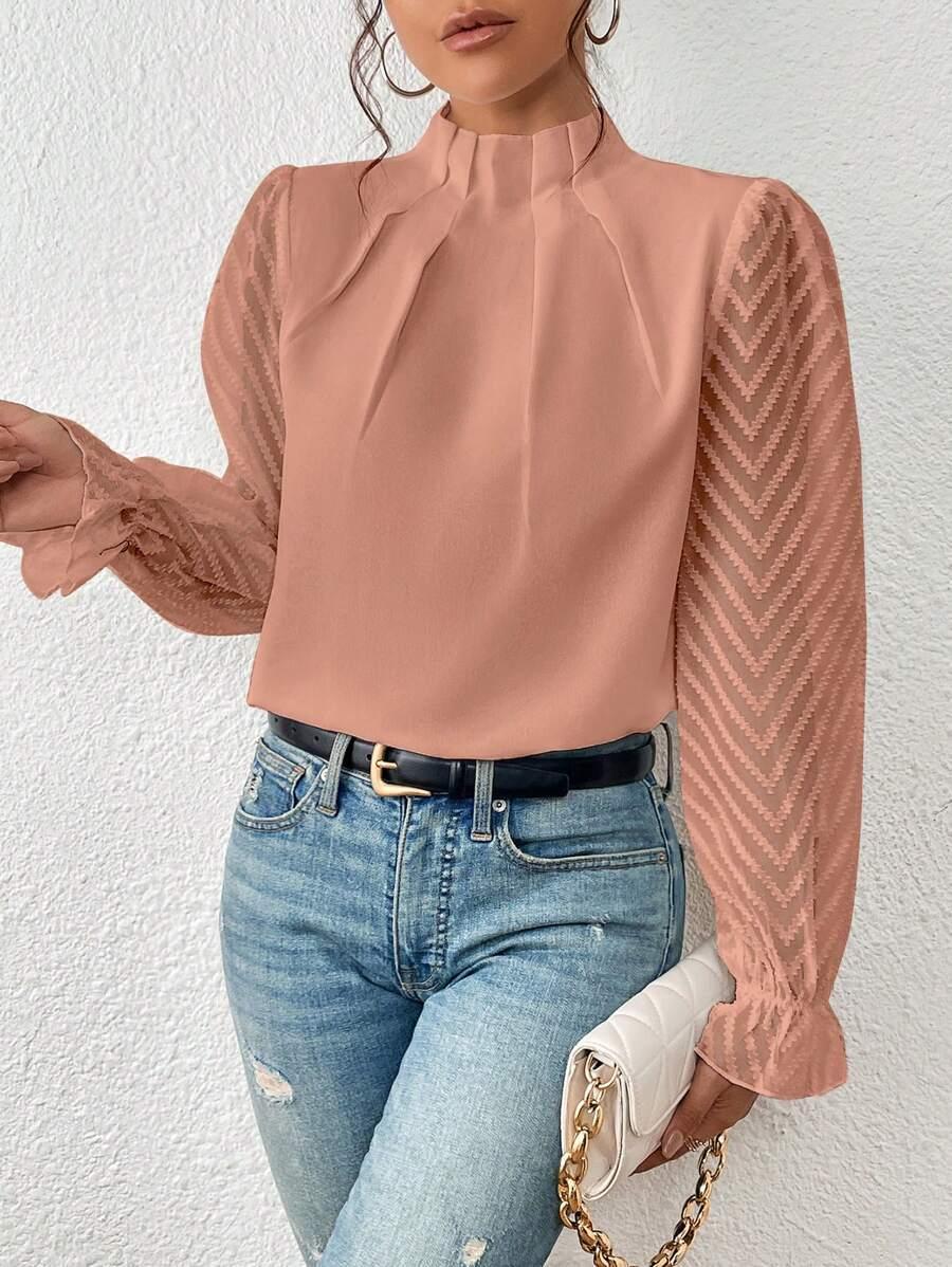 Elegante Bluse Damen Plissierter Kragen Durchsichtige Ärmel
